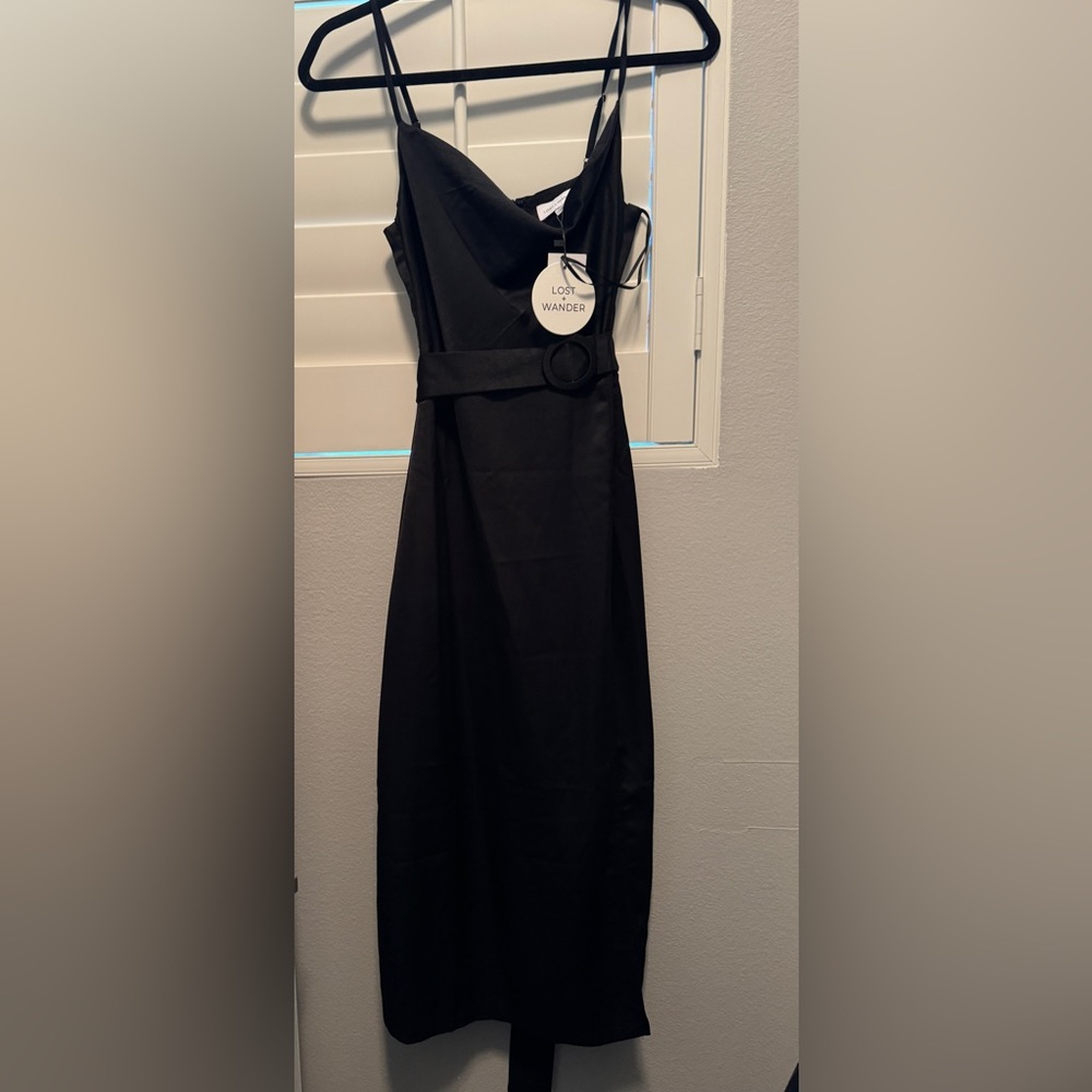 Lost + Wander Black Midi Silk Dress with Belt